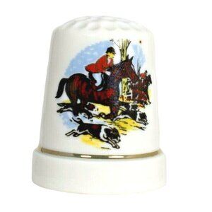 Equestrian Horse Riding Jockey Fox Hunt Vintage Porcelain Souvenir Thimble